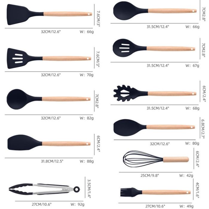 Набір кухонного приладдя на підставці 19 штук кухонні аксесуари із силікону з бамбуковою ручкою Чорний